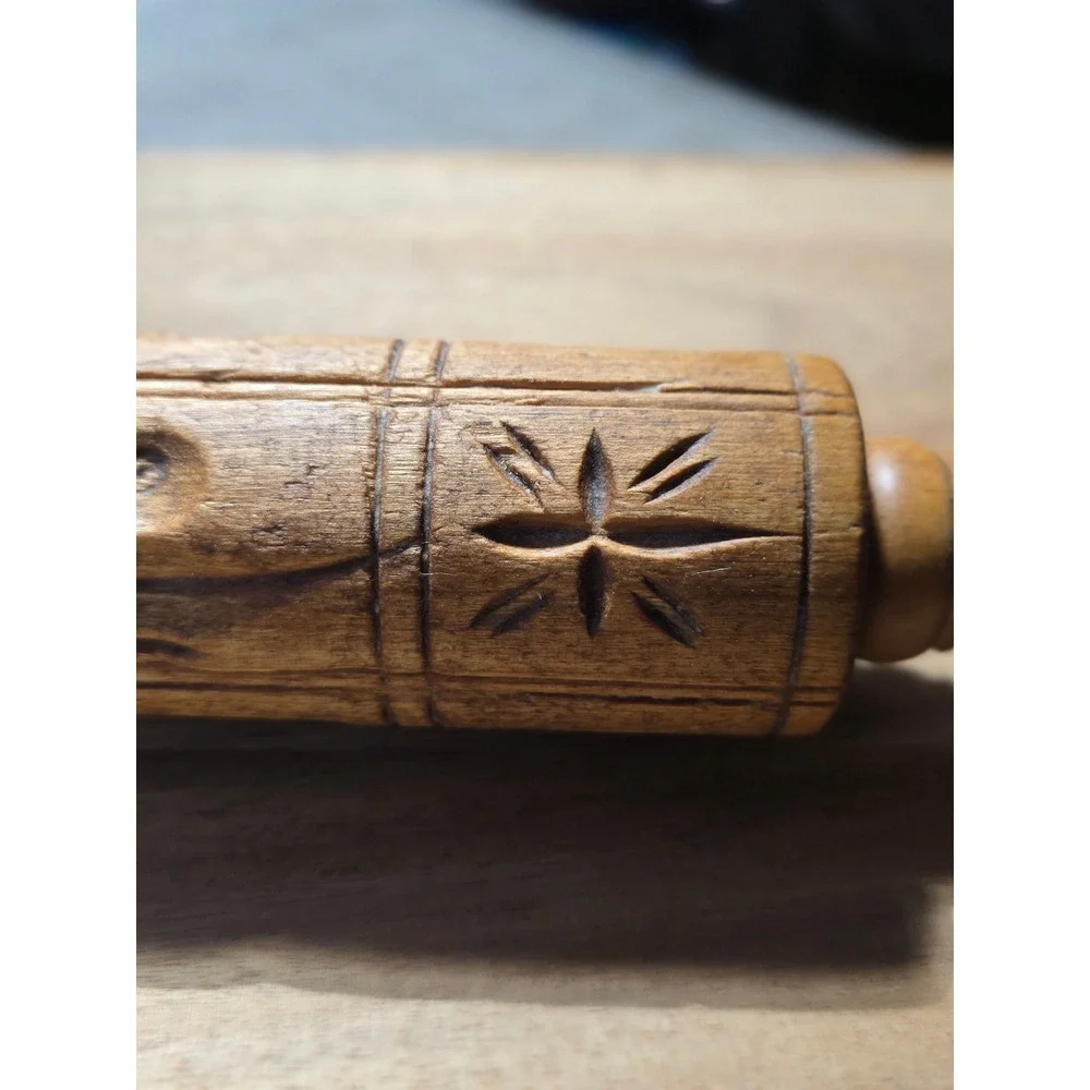 Vintage Hand Carved Wooden Springerle Rolling Pin Owl Star Folk Art Cookie Stamp
